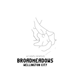 Broadmeadows, Wellington City, New Zealand. Minimalistic road map with black and white lines