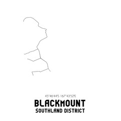 Blackmount, Southland District, New Zealand. Minimalistic road map with black and white lines