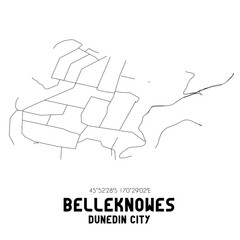 Belleknowes, Dunedin City, New Zealand. Minimalistic road map with black and white lines