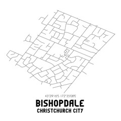 Bishopdale, Christchurch City, New Zealand. Minimalistic road map with black and white lines