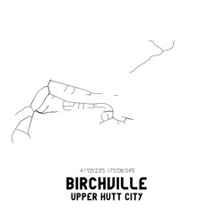 Birchville, Upper Hutt City, New Zealand. Minimalistic road map with black and white lines