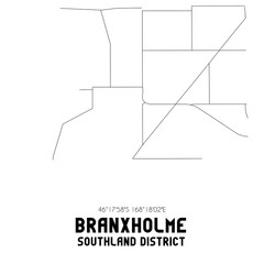 Branxholme, Southland District, New Zealand. Minimalistic road map with black and white lines