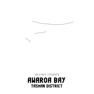 Awaroa Bay, Tasman District, New Zealand. Minimalistic road map with black and white lines