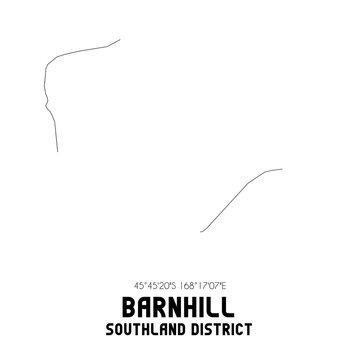 Barnhill, Southland District, New Zealand. Minimalistic road map with black and white lines