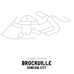Brockville, Dunedin City, New Zealand. Minimalistic road map with black and white lines