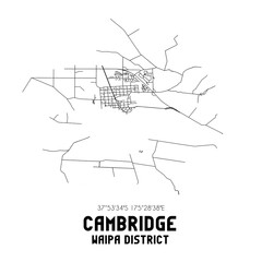 Cambridge, Waipa District, New Zealand. Minimalistic road map with black and white lines
