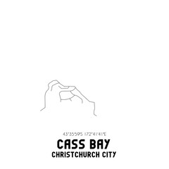 Cass Bay, Christchurch City, New Zealand. Minimalistic road map with black and white lines