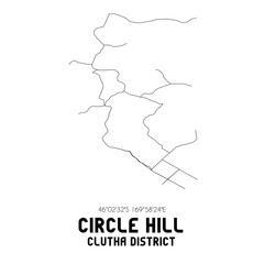 Circle Hill, Clutha District, New Zealand. Minimalistic road map with black and white lines