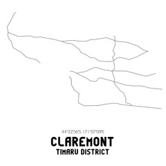 Claremont, Timaru District, New Zealand. Minimalistic road map with black and white lines