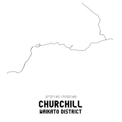 Churchill, Waikato District, New Zealand. Minimalistic road map with black and white lines