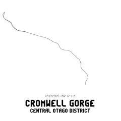 Cromwell Gorge, Central Otago District, New Zealand. Minimalistic road map with black and white lines