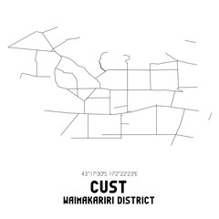 Cust, Waimakariri District, New Zealand. Minimalistic road map with black and white lines