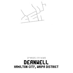 Deanwell, Hamilton City, Waipa District, New Zealand. Minimalistic road map with black and white lines