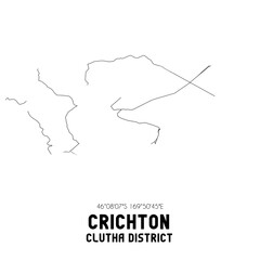 Crichton, Clutha District, New Zealand. Minimalistic road map with black and white lines
