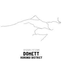Domett, Hurunui District, New Zealand. Minimalistic road map with black and white lines