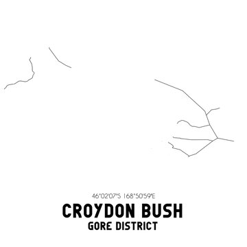 Croydon Bush, Gore District, New Zealand. Minimalistic Road Map With Black And White Lines