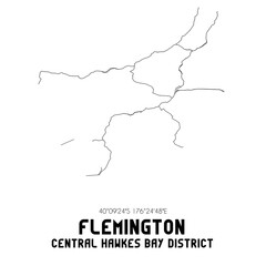 Flemington, Central Hawke's Bay District, New Zealand. Minimalistic road map with black and white lines