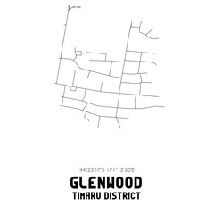 Glenwood, Timaru District, New Zealand. Minimalistic road map with black and white lines