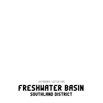 Freshwater Basin, Southland District, New Zealand. Minimalistic Road Map With Black And White Lines