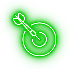 Neon green darts icon, bullseye on transparent background