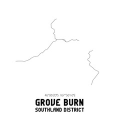 Grove Burn, Southland District, New Zealand. Minimalistic road map with black and white lines