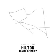 Hilton, Timaru District, New Zealand. Minimalistic road map with black and white lines