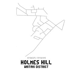 Holmes Hill, Waitaki District, New Zealand. Minimalistic road map with black and white lines