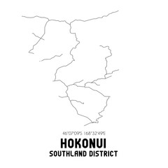 Hokonui, Southland District, New Zealand. Minimalistic road map with black and white lines
