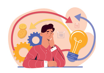 Fototapeta na wymiar Choice of implementation path. Man sits and props his head on his hand, ponders plan. Creative personality, brainstorming and insight. Poster or banner for website. Cartoon flat vector illustration