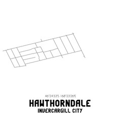 Hawthorndale, Invercargill City, New Zealand. Minimalistic road map with black and white lines