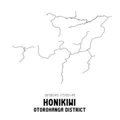 Honikiwi, Otorohanga District, New Zealand. Minimalistic road map with black and white lines