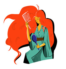 Woman brushing hair illustration - 544464888