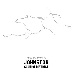 Johnston, Clutha District, New Zealand. Minimalistic road map with black and white lines