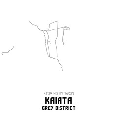 Kaiata, Grey District, New Zealand. Minimalistic road map with black and white lines
