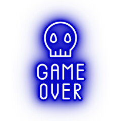 Neon blue game over icon, game over skull on transparent background