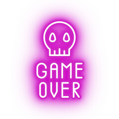 Neon pink game over icon, game over skull on transparent background