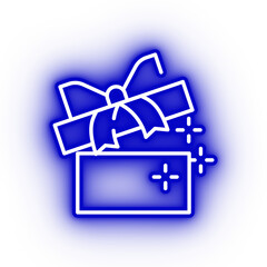 Neon blue gift box, christmas present on transparent background