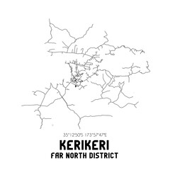 Kerikeri, Far North District, New Zealand. Minimalistic road map with black and white lines