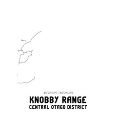 Knobby Range, Central Otago District, New Zealand. Minimalistic road map with black and white lines
