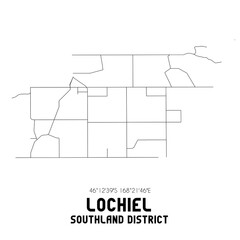 Lochiel, Southland District, New Zealand. Minimalistic road map with black and white lines