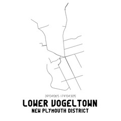 Lower Vogeltown, New Plymouth District, New Zealand. Minimalistic road map with black and white lines