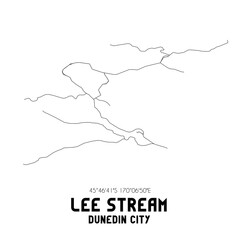 Lee Stream, Dunedin City, New Zealand. Minimalistic road map with black and white lines