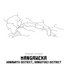 Mangaweka, Manawatu District, Rangitikei District, New Zealand. Minimalistic road map with black and white lines