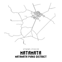 Matamata, Matamata-Piako District, New Zealand. Minimalistic road map with black and white lines