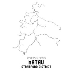 Matau, Stratford District, New Zealand. Minimalistic road map with black and white lines
