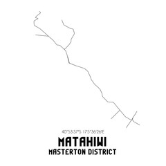 Matahiwi, Masterton District, New Zealand. Minimalistic road map with black and white lines
