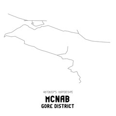 McNab, Gore District, New Zealand. Minimalistic road map with black and white lines