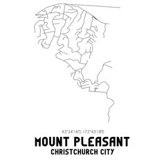 Fototapeta na wymiar Mount Pleasant, Christchurch City, New Zealand. Minimalistic road map with black and white lines