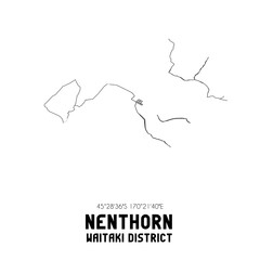 Nenthorn, Waitaki District, New Zealand. Minimalistic road map with black and white lines