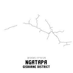 Ngatapa, Gisborne District, New Zealand. Minimalistic road map with black and white lines